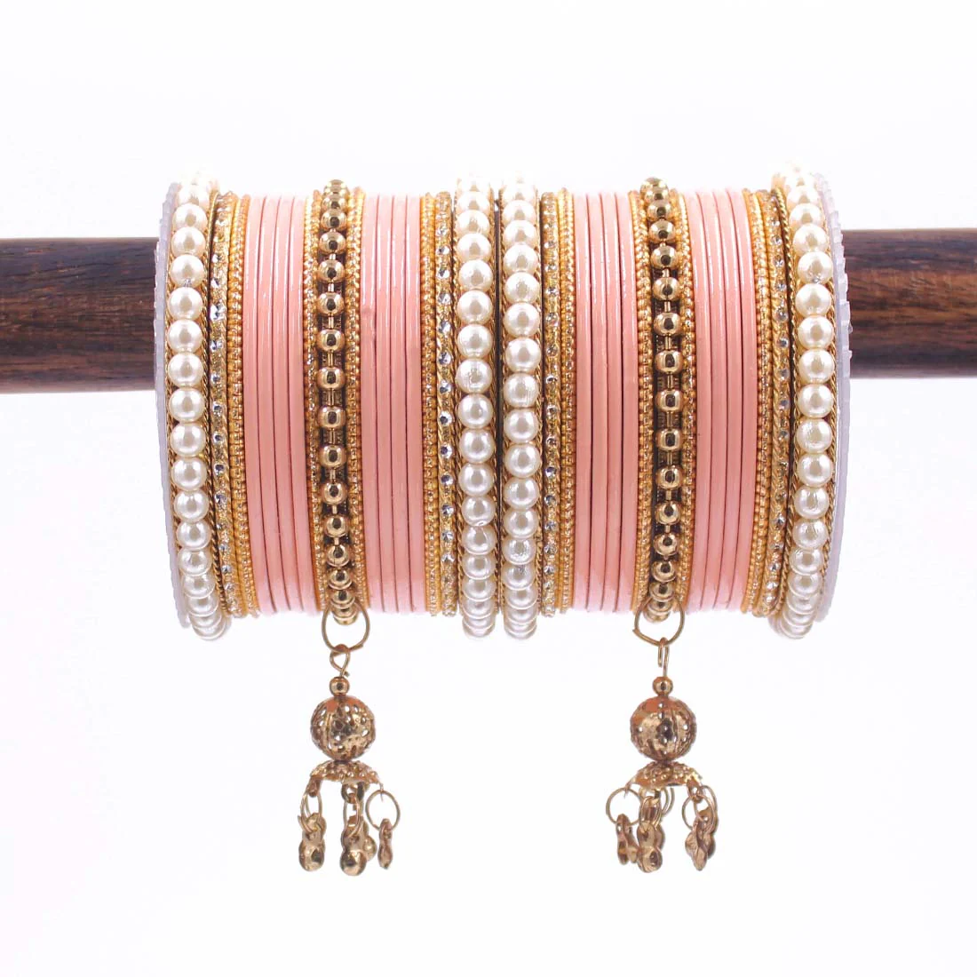 Traditional Solid Coloured Bangle Set with Pearl and Jhumki by Leshya - Image 14