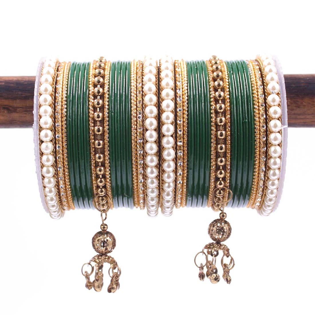 Traditional Solid Coloured Bangle Set with Pearl and Jhumki by Leshya - Image 16
