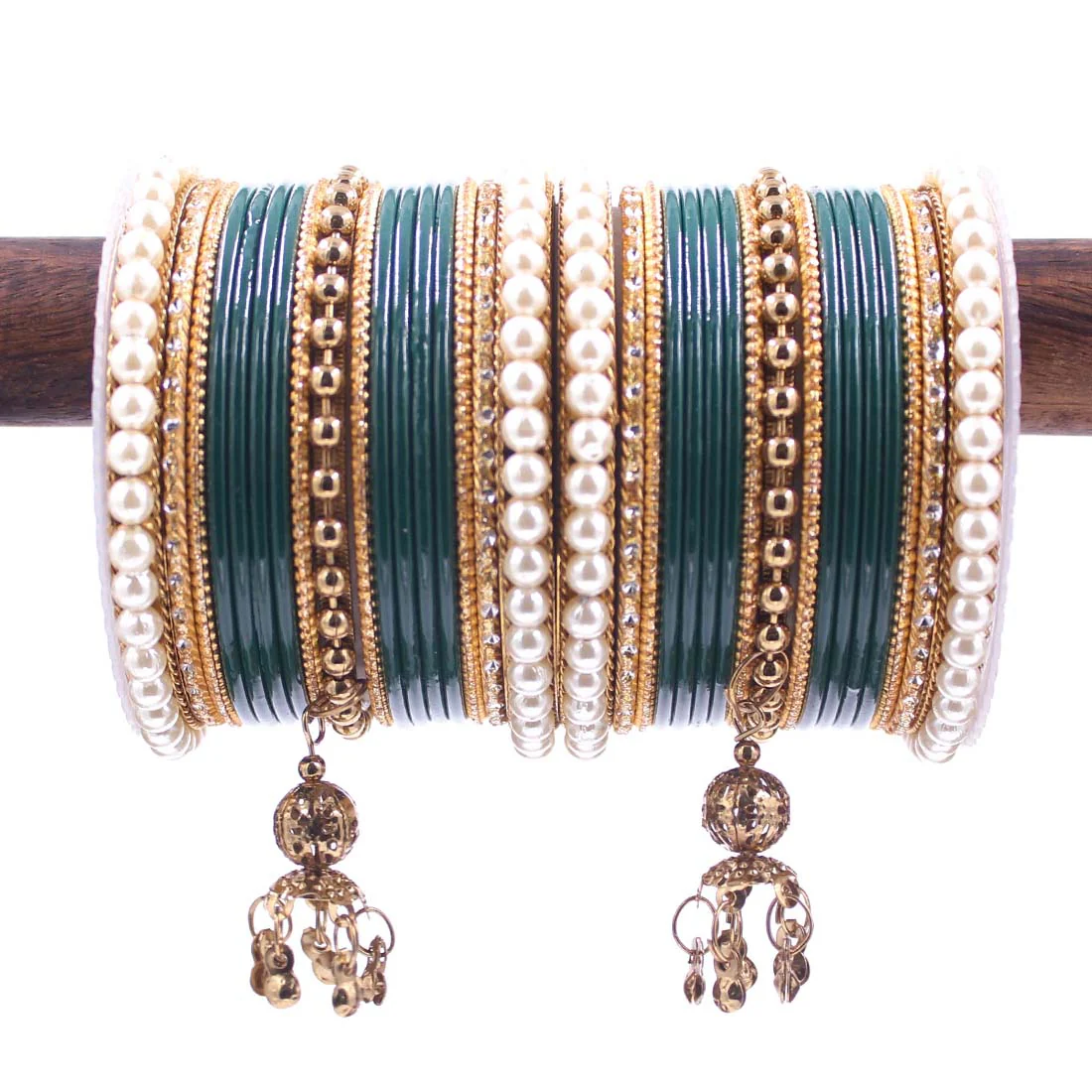 Traditional Solid Coloured Bangle Set with Pearl and Jhumki by Leshya - Image 20