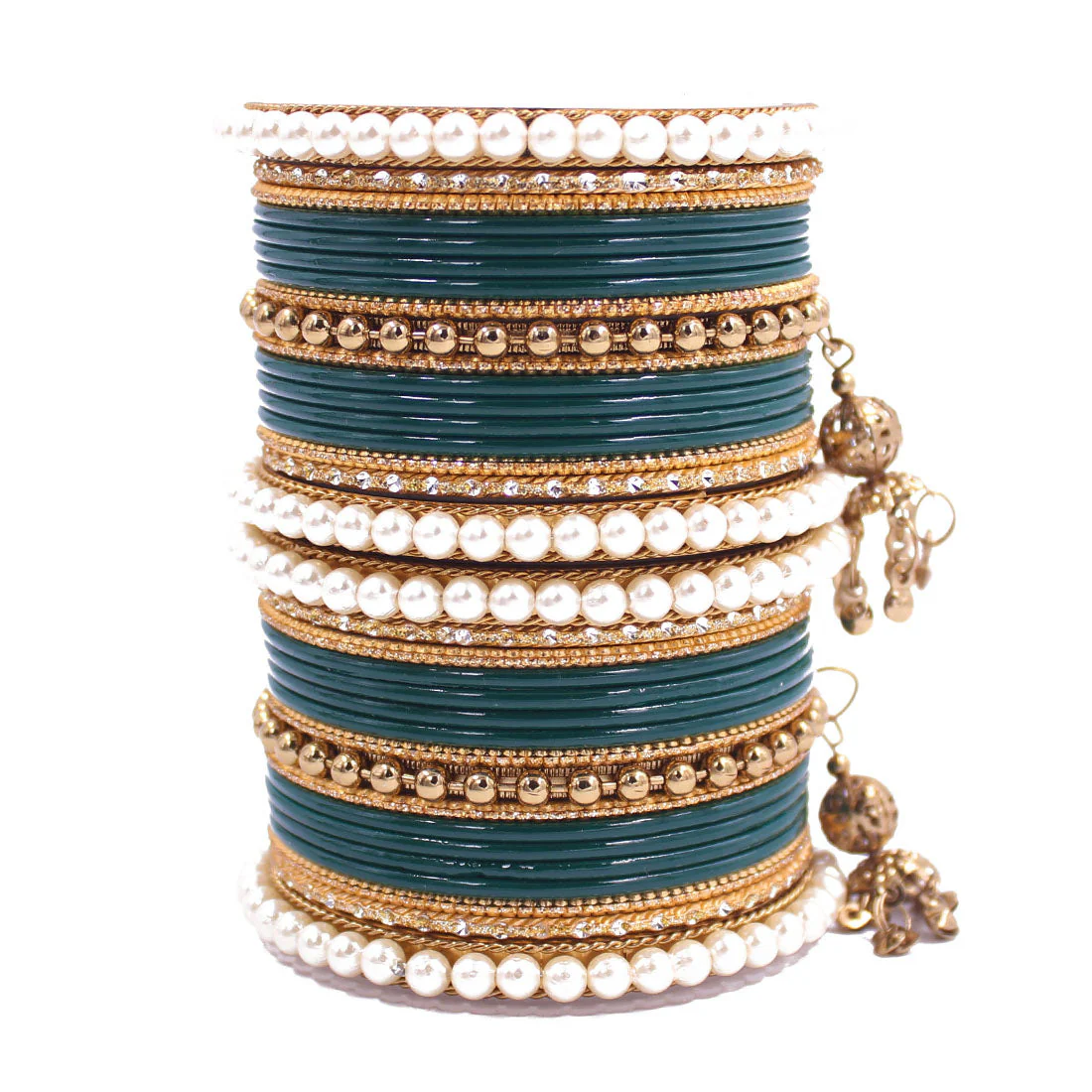 Traditional Solid Coloured Bangle Set with Pearl and Jhumki by Leshya - Image 21
