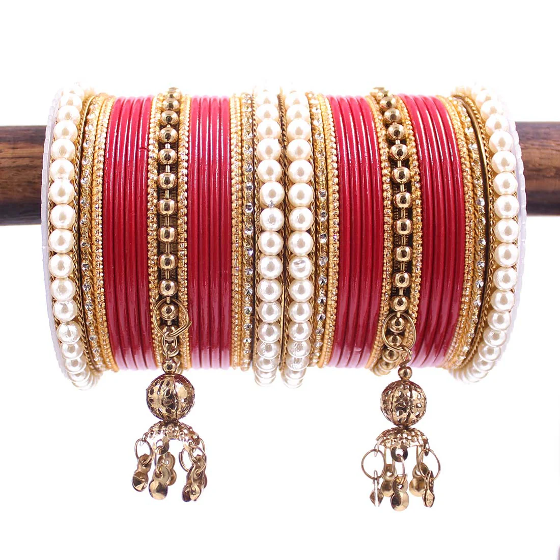 Traditional Solid Coloured Bangle Set with Pearl and Jhumki by Leshya - Image 8