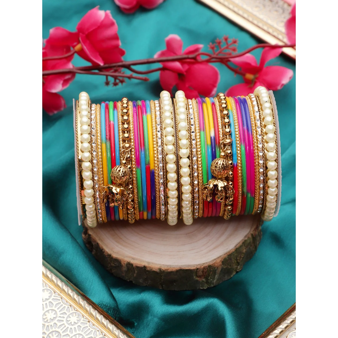 Traditional Solid Coloured Bangle Set with Pearl and Jhumki by Leshya - Image 5