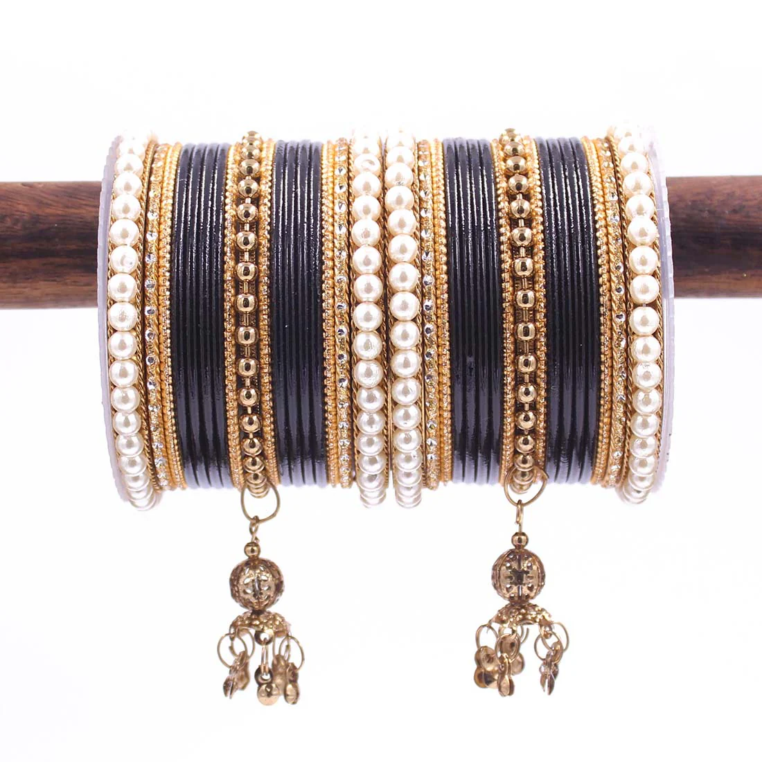 Traditional Solid Coloured Bangle Set with Pearl and Jhumki by Leshya