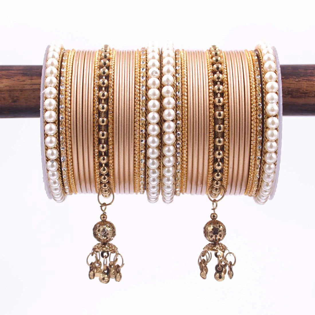 Traditional Solid Coloured Bangle Set with Pearl and Jhumki by Leshya - Image 10