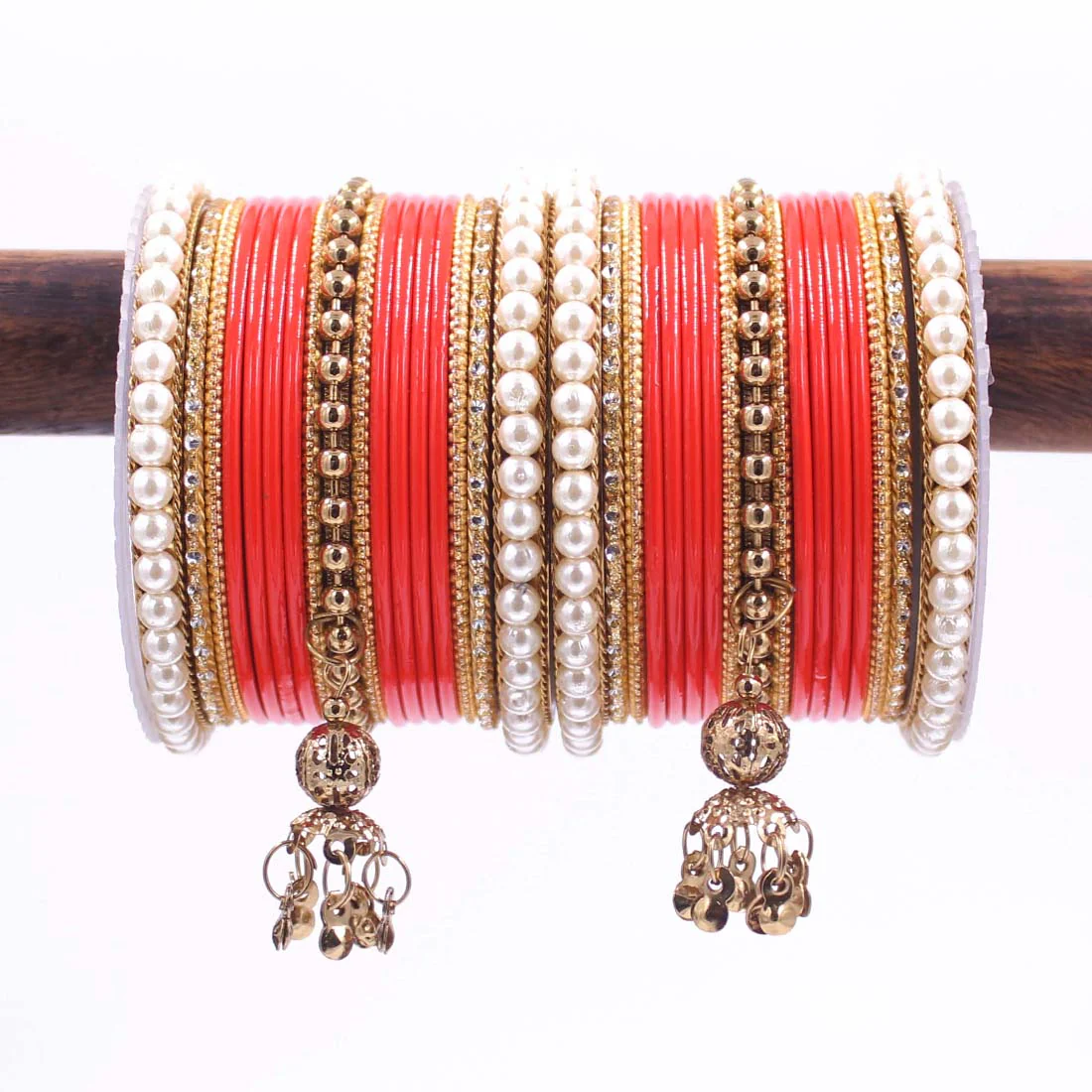Traditional Solid Coloured Bangle Set with Pearl and Jhumki by Leshya - Image 20