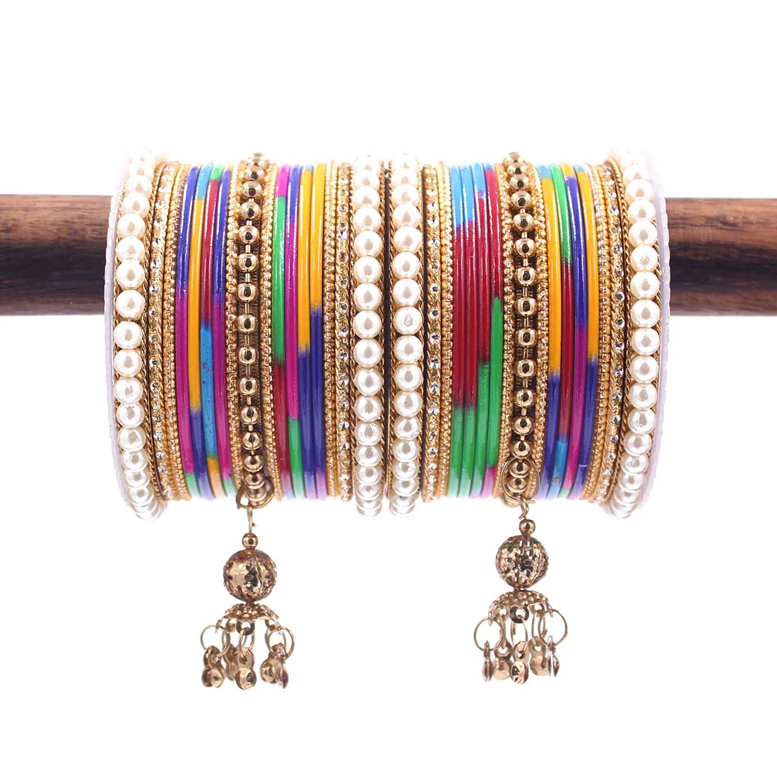 Traditional Solid Coloured Bangle Set with Pearl and Jhumki by Leshya - Image 4