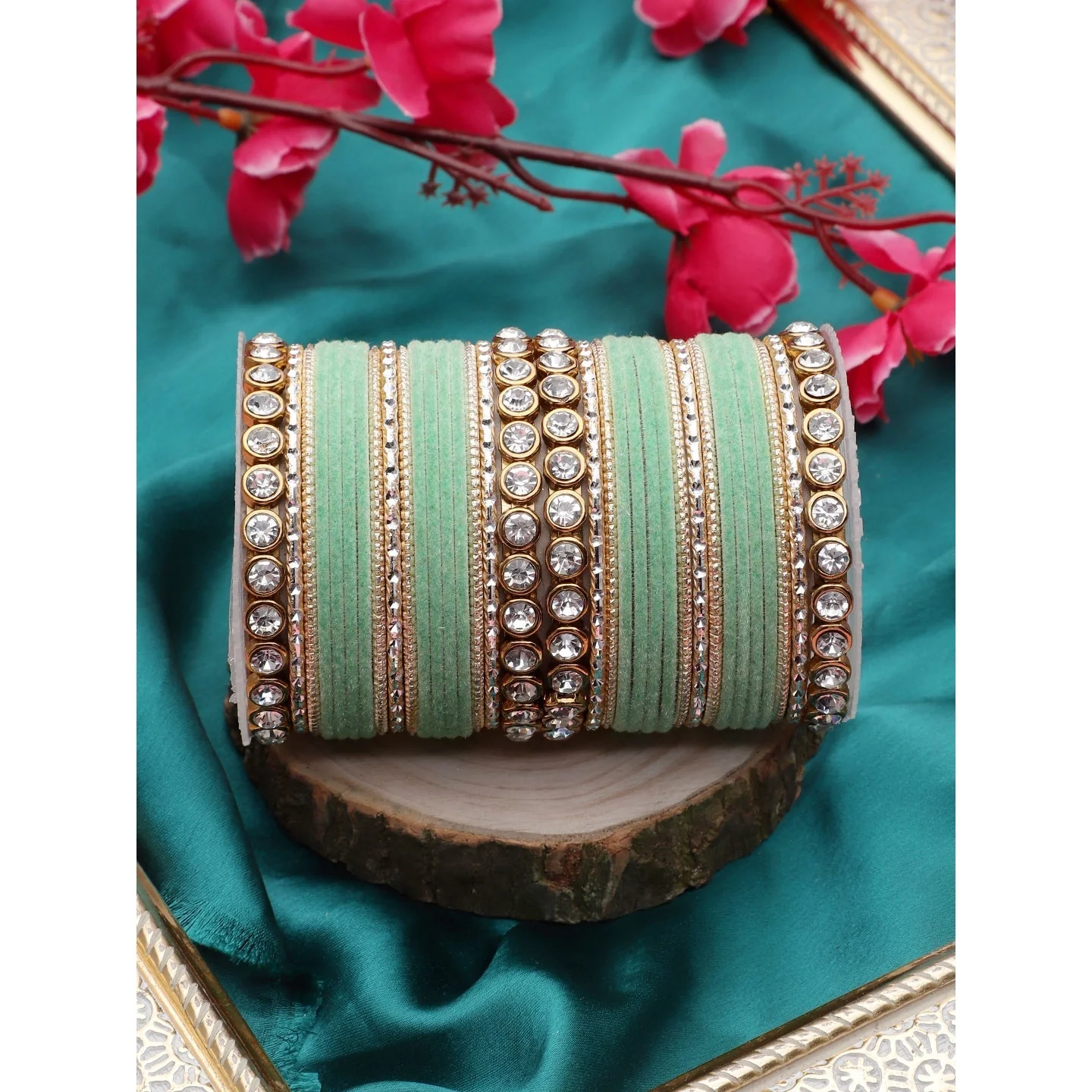 Traditional Velvet Bangle Set by Leshya with Stone Kadas for Women - Image 9